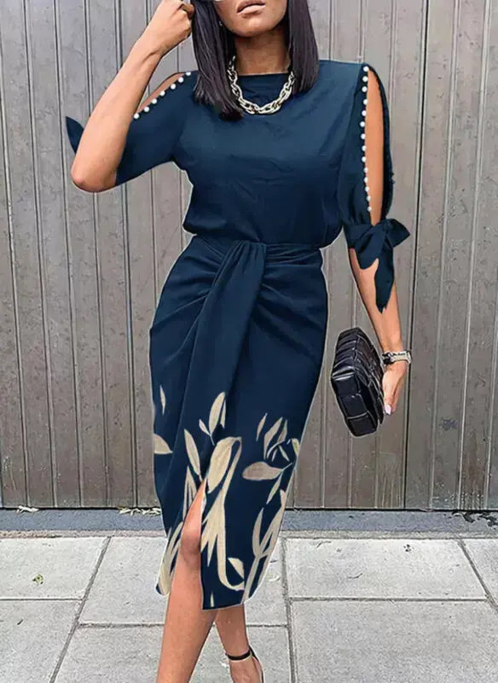 Zara High Waist Blue Casual Hollow Out Printed Sleeve Midi Dress